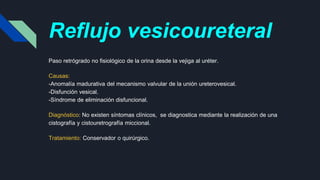 Reflujo vesicoureteral
Paso retrógrado no fisiológico de la orina desde la vejiga al uréter.
Causas:
-Anomalía madurativa del mecanismo valvular de la unión ureterovesical.
-Disfunción vesical.
-Síndrome de eliminación disfuncional.
Diagnóstico: No existen síntomas clínicos, se diagnostica mediante la realización de una
cistografía y cistouretrografía miccional.
Tratamiento: Conservador o quirúrgico.
 