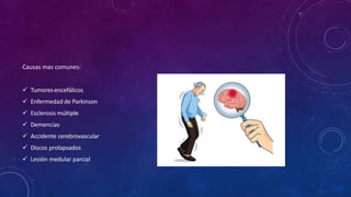 Causas mas comunes:
 Tumoresencefálicos
 Enfermedad de Parkinson
 Esclerosis múltiple
 Demencias
 Accidente cerebrovascular
 Discos prolapsados
 Lesión medular parcial
 