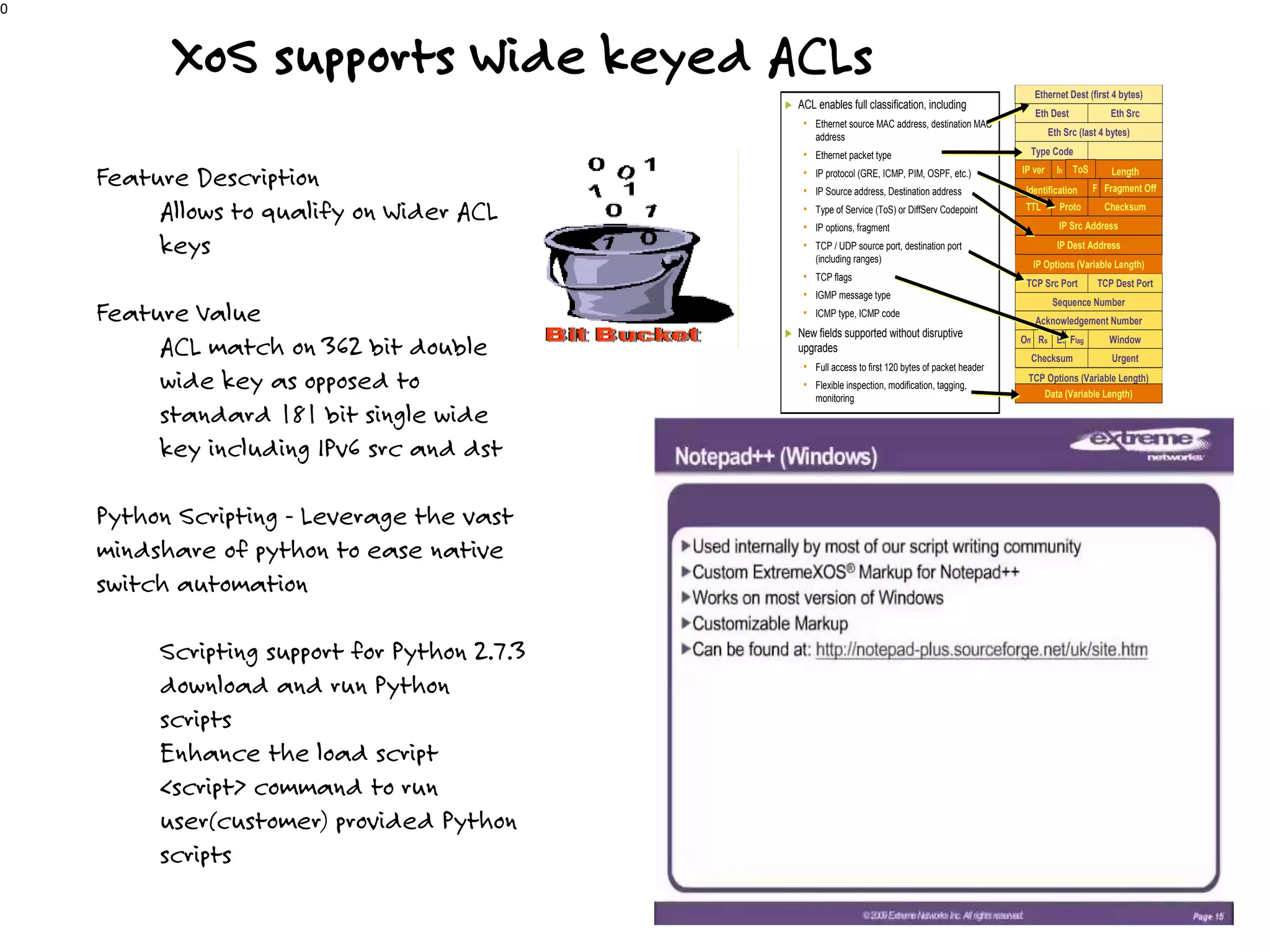 XoS supports Wide keyed ACLs
0
ACL enables full classification, including
• Ethernet source MAC address, destination MAC
address
• Ethernet packet type
• IP protocol (GRE, ICMP, PIM, OSPF, etc.)
• IP Source address, Destination address
• Type of Service (ToS) or DiffServ Codepoint
• IP options, fragment
• TCP / UDP source port, destination port
(including ranges)
• TCP flags
• IGMP message type
• ICMP type, ICMP code
New fields supported without disruptive
upgrades
• Full access to first 120 bytes of packet header
• Flexible inspection, modification, tagging,
monitoring
Ethernet Dest (first 4 bytes)
Eth Dest Eth Src
Eth Src (last 4 bytes)
Type Code
IP ver LengthIh
Identification Fragment OffF
TTL Proto Checksum
IP Src Address
TCP Src Port TCP Dest Port
Sequence Number
Acknowledgement Number
IP Dest Address
Off Ec WindowRs Flag
Checksum Urgent
IP Options (Variable Length)
TCP Options (Variable Length)
Data (Variable Length)
ToS
Feature Description
Allows to qualify on Wider ACL
keys
Feature Value
ACL match on 362 bit double
wide key as opposed to
standard 181 bit single wide
key including IPv6 src and dst
Python Scripting - Leverage the vast
mindshare of python to ease native
switch automation
Scripting support for Python 2.7.3
download and run Python
scripts
Enhance the load script
<script> command to run
user(customer) provided Python
scripts
 