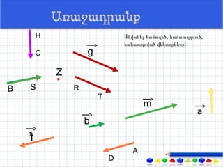 H                       Անվանել համագիծ, համաուղղված,
                            հակաուղղված վեկտորները:
    С           g

        Z
В   S       R
                    T
                                   m
                                                      a
                b

                               А
                        D
 