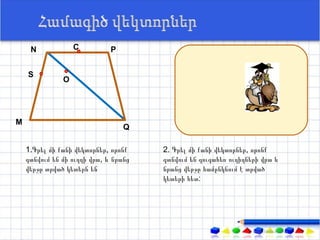 N             С          P               Ненулевые векторы
                                              называются
    S                                         коллинеарными, если
               О
                                              они лежат либо на
                                              одной прямой, либо
                                              на параллельных
М
                                  Q           прямых
    1.Գրել մի քանի վեկտորներ, որոնք    2. Գրել մի քանի վեկտորներ, որոնք
    գտնվում են մի ուղղի վրա, և նրանց   գտնվում են զուգահեռ ուղիղների վրա և
    վերջը տրված կետերն են              նրանց վերջը համընկնում է տրված
                                       կետերի հետ:
 
