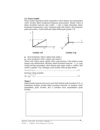 2.2. Notasi Analitis 
Notasi analitis digunakan untuk menganalisa vektor dengan cara menguraikan 
vektor tersebut dalam komponen-komponen penyusunnya. Sebuah vektor a 
dalam koordinat kartesian (dua sumbu : x dan y) dapat dinyatakan dalam 
komponen-komponennya, yaitu komponan pada arah sumbu x dan komponen 
pada arah sumbu y. Secara lebih jelas dapat dilihat pada gambar 1.2f. 
y 
x 
a 
ax 
ay 
MODUL KULIAH FISIKA DASAR I 
Oleh : Sabar Nurohman,S.Pd.Si 
y 
3 
z 
z 
x 
k 
i j 
Gambar 1.2f Gambar 1.2g 
ay : besar komponen vektor a dalam arah sumbu y 
ax : besar komponen vektor a dalam arah sumbu x 
Vektor arah /vektor satuan: adalah vektor yang besarnya 1 dan arahnya sesuai 
dengan yang didefinisikan. Misalnya dalam koordinat kartesian : i, j, k yang 
masing masing menyatakan vektor dengan arah sejajar sumbu x, sumbu y dan 
sumbu z (gambar 1.2g). Sehingga secara analitik vektor a dapat ditulis : 
r 
a = a i ˆ + a ˆ 
j ........................................................................................... 1.1 
x y 
dan besar vektor a adalah : 
2 2 
x y a = a + a ....................................................................................... 1.2 
Tugas 2 
Sebuah benda bergerak dari posisi awal (0,0) berhenti pada koordinat (4,5). a) 
Gambarkan keadaan tersebut dalam koordinat kartesian, b) tentukan vektor 
perpindahan gerak tersebut, dan c) tentukan besar perpindahaan gerak 
tersebut. 
 