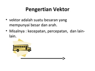 Pengertian Vektor
• vektor adalah suatu besaran yang
mempunyai besar dan arah.
• Misalnya : kecepatan, percepatan, dan lain-
lain.
 