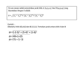 Contoh :
Diketahui titik A(5,4,6) dan B(-2,5,1). Tentukan jarak antara titik A dan B
d=√(-2-5)2
+ (5-4)2
+ (1-6)2
d=√49+1+25
d=√75 = 5 √3
 