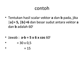 contoh
• Tentukan hasil scalar vektor a dan b pada, jika
|a|= 5, |b|=6 dan besar sudut antara vektor a
dan b adalah 600
• Jawab : a∙b = 5 x 6 x cos 600
• = 30 x 0,5
• = 15
 