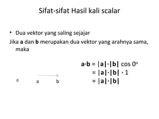 Sifat-sifat Hasil kali scalar
• Dua vektor yang saling sejajar
Jika a dan b merupakan dua vektor yang arahnya sama,
maka
a∙b = |a|∙|b| cos 0o
= |a|∙|b| ∙ 1
= |a|∙|b|0 ba
 