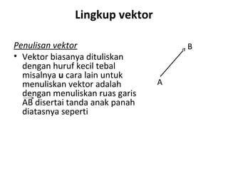 Lingkup vektor
Penulisan vektor
• Vektor biasanya dituliskan
dengan huruf kecil tebal
misalnya u cara lain untuk
menuliskan vektor adalah
dengan menuliskan ruas garis
AB disertai tanda anak panah
diatasnya seperti
A
B
 