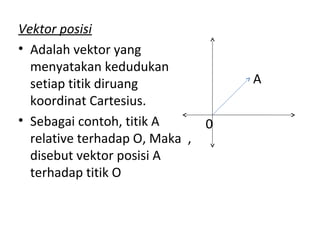 Vektor posisi
• Adalah vektor yang
menyatakan kedudukan
setiap titik diruang
koordinat Cartesius.
• Sebagai contoh, titik A
relative terhadap O, Maka ,
disebut vektor posisi A
terhadap titik O
0
A
 