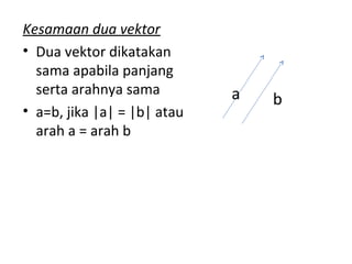 Kesamaan dua vektor
• Dua vektor dikatakan
sama apabila panjang
serta arahnya sama
• a=b, jika |a| = |b| atau
arah a = arah b
a b
 