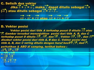 C. Selisih dua vektor
Jika 𝑏 + 𝑥 = 𝑎 , maka 𝑥 dapat ditulis sebagai 𝑎 +
(-𝑏 ) atau ditulis sebagai 𝑥 = 𝑎 - 𝑏 .
𝐴𝐵 - 𝐴𝐶 = 𝐶𝐵 atau 𝐴𝐵 + 𝐶𝐴 = 𝐶𝐵
D. Vektor posisi
Vektor posisi dari titik A terhadap pusat O ditulis 𝑂𝐴 atau
𝑎 . Gambar tersebut menunjukkan posisi dari titik A, B, dan C
terhadap pusat O ditulis 𝑂𝐴 , 𝑂𝐵 , dan 𝑂𝐶 . Vektor 𝑂𝐴 , 𝑂𝐵 , dan 𝑂𝐶
disebut vektor posisi dari titik A, B dan C. Vektor posisi dari
titik A, B, dan C sering ditulis dengan huruf kecil 𝑎 , 𝑏 , dan 𝑐 .
perhatikan Δ ABO di samping, terlihat bahwa :
𝐴𝐵 = 𝐴𝑂 + 𝑂𝐵
= -𝑂𝐴 + 𝑂𝐵
= 𝑂𝐵 - 𝑂𝐴
∴ 𝐴𝐵 = 𝑏 - 𝑎
 