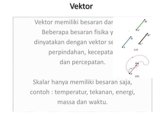 Vektor
Vektor memiliki besaran dan arah.
Beberapa besaran fisika yang
dinyatakan dengan vektor seperti :
perpindahan, kecepatan
dan percepatan.
Skalar hanya memiliki besaran saja,
contoh : temperatur, tekanan, energi,
massa dan waktu.
 