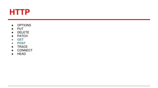 HTTP 
● OPTIONS 
● PUT 
● DELETE 
● PATCH 
● GET 
● POST 
● TRACE 
● CONNECT 
● HEAD 
 