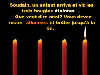 Soudain, un enfant arriva et vit les
trois bougies éteintes ...
- Que veut dire ceci? Vous devez
rester allumées et brûler jusqu’à la
fin.
 