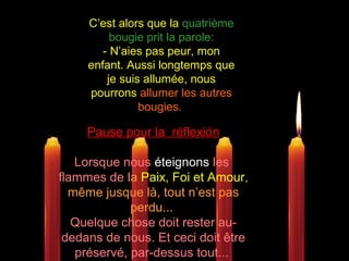 C’est alors que laC’est alors que la quatrièmequatrième
bougie prit la parole:bougie prit la parole:
- N’aies pas peur, mon- N’aies pas peur, mon
enfant. Aussi longtemps queenfant. Aussi longtemps que
je suis allumée, nousje suis allumée, nous
pourronspourrons allumer les autresallumer les autres
bougies.bougies.
Pause pour la réflexión
Lorsque nous éteignons les
flammes de la Paix, Foi et Amour,
même jusque là, tout n’est pas
perdu...
Quelque chose doit rester au-
dedans de nous. Et ceci doit être
préservé, par-dessus tout...
 