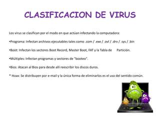 CLASIFICACION DE VIRUS

Los virus se clasifican por el modo en que actúan infectando la computadora:

•Programa: Infectan archivos ejecutables tales como .com / .exe / .ovl / .drv / .sys / .bin

•Boot: Infectan los sectores Boot Record, Master Boot, FAT y la Tabla de      Partición.

•Múltiples: Infectan programas y sectores de "booteo".

•Bios: Atacan al Bios para desde allí reescribir los discos duros.

* Hoax: Se distribuyen por e-mail y la única forma de eliminarlos es el uso del sentido común.
 