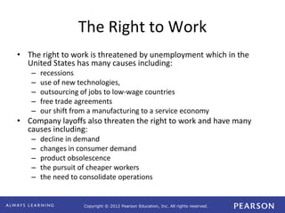 Copyright © 2012 Pearson Education, Inc. All rights reserved. 
The Right to Work 
• The right to work is threatened by unemployment which in the 
United States has many causes including: 
– recessions 
– use of new technologies, 
– outsourcing of jobs to low-wage countries 
– free trade agreements 
– our shift from a manufacturing to a service economy 
• Company layoffs also threaten the right to work and have many 
causes including: 
– decline in demand 
– changes in consumer demand 
– product obsolescence 
– the pursuit of cheaper workers 
– the need to consolidate operations 
 
