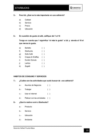 Docente:Rafael TrucíosMaza
STARBUCKS
15
5.- Para Ud. ¿Qué es lo más importante en una cafetería?
a) Calidad
b) Servicio
c) Precio
d) Ubicación
6.- En cuestión de gusto al café, califique del 1 al 10
Tenga en cuenta que 1 signinfica “el más le gusta” a Ud. y siendo el 10 el
que menos le gusta.
e) Barletto ( )
f) Starbucks ( )
g) Sofa Café ( )
h) Crepes & Waffles ( )
i) Dunkin Donuts ( )
j) Laritza ( )
k) Zugatti ( )
HABITOS DE CONSUMO Y SERVICIOS
7.- ¿Cuáles son las actividades que suele buscar de una cafetería?
a.- Asuntos de Negocios ( )
b.- Trabajar ( )
c.- Usar el internet ( )
d.- Platicar con las amistades ( )
8.- ¿Qué le motiva venir a Starbucks?
a.- Producto
b.- Servicio
c.- Ubicación
d.- Ambiente
 