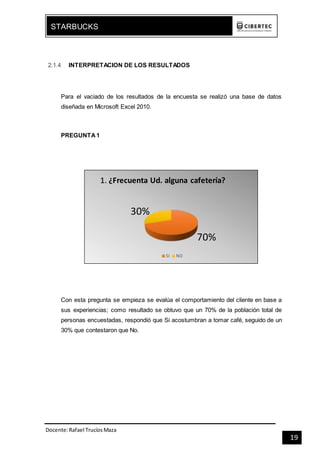 Docente:Rafael TrucíosMaza
STARBUCKS
19
2.1.4 INTERPRETACION DE LOS RESULTADOS
Para el vaciado de los resultados de la encuesta se realizó una base de datos
diseñada en Microsoft Excel 2010.
PREGUNTA1
Con esta pregunta se empieza se evalúa el comportamiento del cliente en base a
sus experiencias; como resultado se obtuvo que un 70% de la población total de
personas encuestadas, respondió que Si acostumbran a tomar café, seguido de un
30% que contestaron que No.
70%
30%
1. ¿Frecuenta Ud. alguna cafetería?
SI NO
 
