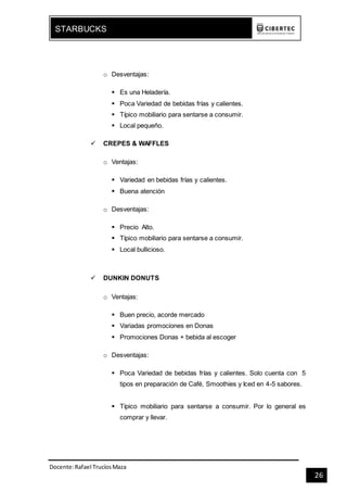 Docente:Rafael TrucíosMaza
STARBUCKS
26
o Desventajas:
 Es una Heladería.
 Poca Variedad de bebidas frías y calientes.
 Típico mobiliario para sentarse a consumir.
 Local pequeño.
 CREPES & WAFFLES
o Ventajas:
 Variedad en bebidas frías y calientes.
 Buena atención
o Desventajas:
 Precio Alto.
 Típico mobiliario para sentarse a consumir.
 Local bullicioso.
 DUNKIN DONUTS
o Ventajas:
 Buen precio, acorde mercado
 Variadas promociones en Donas
 Promociones Donas + bebida al escoger
o Desventajas:
 Poca Variedad de bebidas frías y calientes. Solo cuenta con 5
tipos en preparación de Café, Smoothies y Iced en 4-5 sabores.
 Típico mobiliario para sentarse a consumir. Por lo general es
comprar y llevar.
 