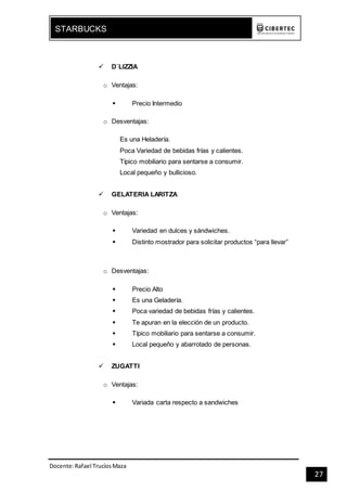 Docente:Rafael TrucíosMaza
STARBUCKS
27
 D`LIZZIA
o Ventajas:
 Precio Intermedio
o Desventajas:
Es una Heladería.
Poca Variedad de bebidas frías y calientes.
Típico mobiliario para sentarse a consumir.
Local pequeño y bullicioso.
 GELATERIA LARITZA
o Ventajas:
 Variedad en dulces y sándwiches.
 Distinto mostrador para solicitar productos “para llevar”
o Desventajas:
 Precio Alto
 Es una Geladería.
 Poca variedad de bebidas frías y calientes.
 Te apuran en la elección de un producto.
 Típico mobiliario para sentarse a consumir.
 Local pequeño y abarrotado de personas.
 ZUGATTI
o Ventajas:
 Variada carta respecto a sandwiches
 