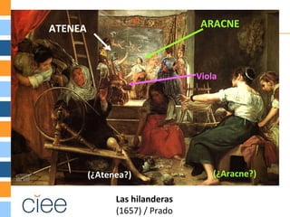 ATENEA                           ARACNE



                                Viola




         (¿Atenea?)                 (¿Aracne?)

               Las hilanderas
               (1657) / Prado
 