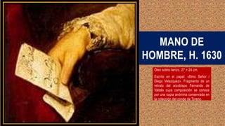 MANO DE
HOMBRE, H. 1630
Óleo sobre lienzo, 27 × 24 cm.
Escrito en el papel: «Illmo Señor /
Diego Velazquez». Fragmento de un
retrato del arzobispo Fernando de
Valdés cuya composición se conoce
por una copia anónima conservada en
la colección del conde de Toreno.
 