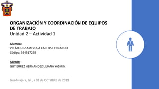 ORGANIZACIÓN Y COORDINACIÓN DE EQUIPOS
DE TRABAJO
Unidad 2 – Actividad 1
Alumno:
VELÁZQUEZ AMEZCUA CARLOS FERNANDO
Código: 394517265
Asesor:
GUTIERREZ HERNANDEZ LILIANA YASMIN
Guadalajara, Jal., a 03 de OCTUBRE de 2019
 