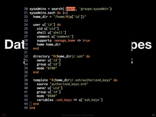 Data bags make recipes
  awesome-r (that’s
     totally a word)

        Copyright © 2010 Opscode, Inc - All Rights Reserved   57
 
