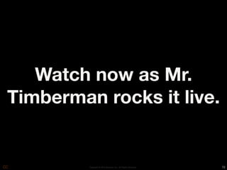 Watch now as Mr.
Timberman rocks it live.


         Copyright © 2010 Opscode, Inc - All Rights Reserved   72
 