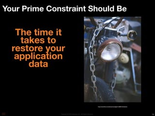 Your Prime Constraint Should Be


   The time it
    takes to
  restore your
   application
      data



                                                                    http://www.ﬂickr.com/photos/visualage/2126833132/sizes/o/




              Copyright © 2010 Opscode, Inc - All Rights Reserved                                                               14
 