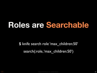 Roles are Searchable

  $ knife search role ‘max_children:50’
    search(:role, ‘max_children:50’)



              Copyright © 2010 Opscode, Inc - All Rights Reserved   30
 