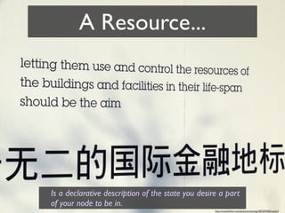 A Resource...




Is a declarative description of the state you desire a part
of your node to be in.
                                                   http://www.ﬂickr.com/photos/xiaming/382205902/sizes/l/
 