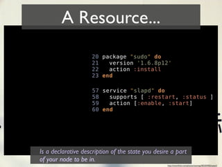 A Resource...




Is a declarative description of the state you desire a part
of your node to be in.
                                                   http://www.ﬂickr.com/photos/xiaming/382205902/sizes/l/
 