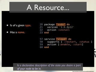 A Resource...

•   Is of a given type.

•   Has a name.




          Is a declarative description of the state you desire a part
          of your node to be in.
                                                             http://www.ﬂickr.com/photos/xiaming/382205902/sizes/l/
 
