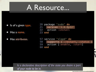 A Resource...

•   Is of a given type.

•   Has a name.

•   Has attributes.




          Is a declarative description of the state you desire a part
          of your node to be in.
                                                             http://www.ﬂickr.com/photos/xiaming/382205902/sizes/l/
 