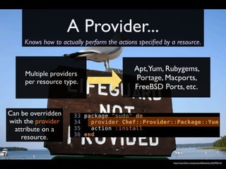 A Provider...
     Knows how to actually perform the actions speciﬁed by a resource.


                                             Apt,Yum, Rubygems,
     Multiple providers
     per resource type.
                                             Portage, Macports,
                                             FreeBSD Ports, etc.


Can be overridden
with the provider
  attribute on a
    resource.


                                                           http://www.ﬂickr.com/photos/affableslinky/562950216/
 