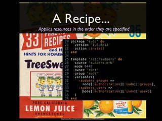 A Recipe...
Applies resources in the order they are speciﬁed




           http://www.ﬂickr.com/photos/roadsidepictures/2478953342/sizes/o/
 