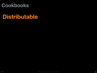 Cookbooks

Distributable




                Copyright © 2010 Opscode, Inc - All Rights Reserved   45
 