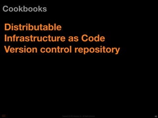 Cookbooks

Distributable
Infrastructure as Code
Version control repository




             Copyright © 2010 Opscode, Inc - All Rights Reserved   45
 