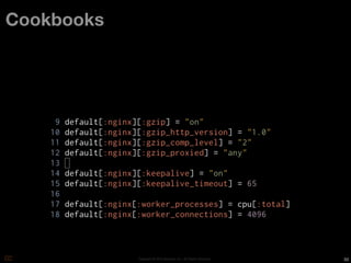 Cookbooks




            Copyright © 2010 Opscode, Inc - All Rights Reserved   50
 