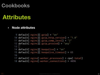 Cookbooks

Attributes
 ‣ Node attributes




                     Copyright © 2010 Opscode, Inc - All Rights Reserved   50
 