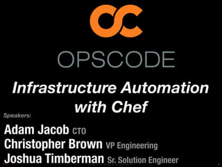 Infrastructure Automation
Speakers:
           with Chef
Adam Jacob CTO
Christopher Brown VP Engineering
Joshua Timberman Sr. Solution Engineer
                  Copyright © 2010 Opscode, Inc - All Rights Reserved   1
 