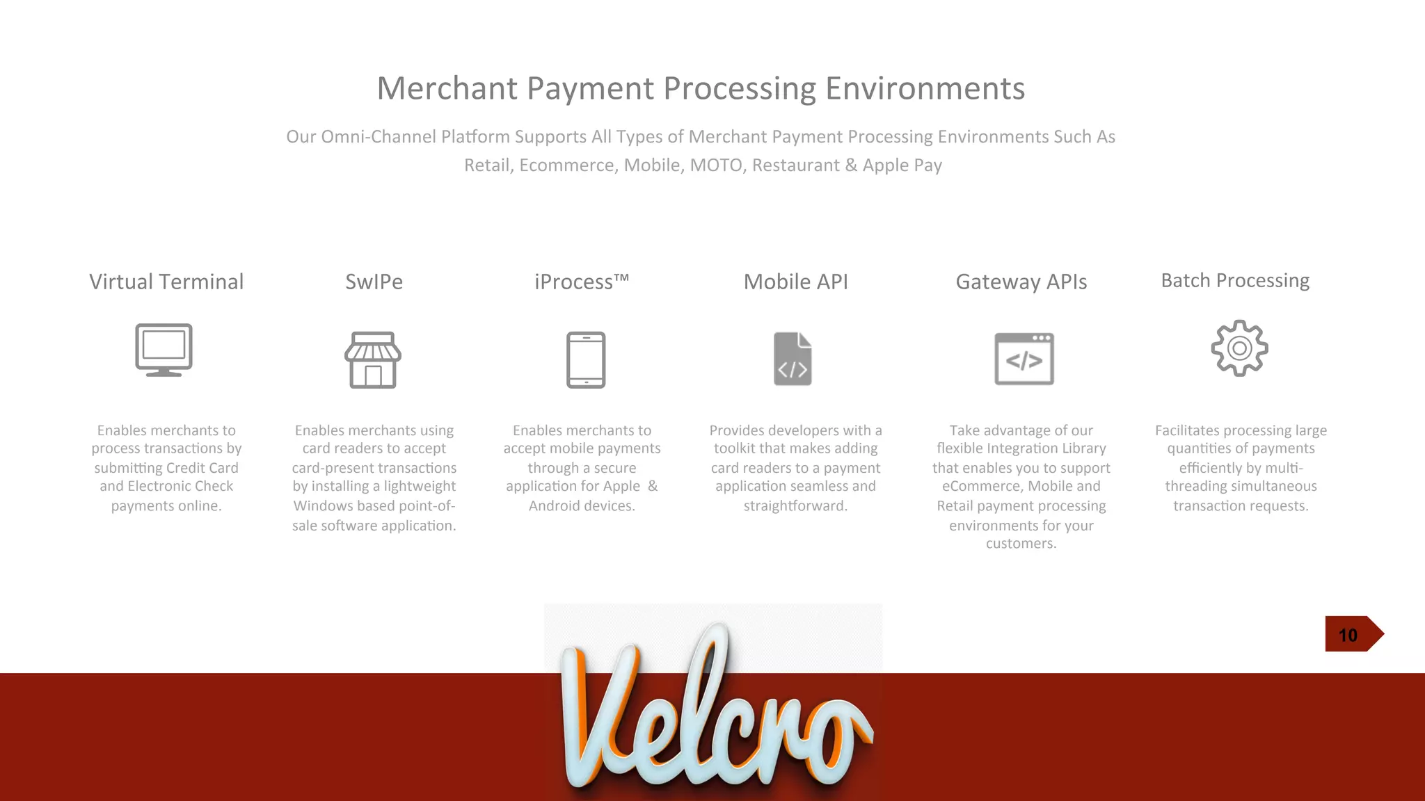 10
Merchant	
  Payment	
  Processing	
  Environments	
  
Our	
  Omni-­‐Channel	
  PlaKorm	
  Supports	
  All	
  Types	
  of	
  Merchant	
  Payment	
  Processing	
  Environments	
  Such	
  As
	
  Retail,	
  Ecommerce,	
  Mobile,	
  MOTO,	
  Restaurant	
  &	
  Apple	
  Pay	
  
Virtual	
  Terminal
Enables	
  merchants	
  to	
  
process	
  transacJons	
  by	
  
submiXng	
  Credit	
  Card	
  
and	
  Electronic	
  Check	
  
payments	
  online.	
  	
  
SwIPe	
  
Enables	
  merchants	
  using	
  
card	
  readers	
  to	
  accept	
  
card-­‐present	
  transacJons
by	
  installing	
  a	
  lightweight	
  
Windows	
  based	
  point-­‐of-­‐
sale	
  sobware	
  applicaJon.	
  
iProcess™
Enables	
  merchants	
  to	
  
accept	
  mobile	
  payments
through	
  a	
  secure	
  
applicaJon	
  for	
  Apple	
  	
  &	
  
Android	
  devices.	
  	
  
Mobile	
  API
Provides	
  developers	
  with	
  a	
  
toolkit	
  that	
  makes	
  adding	
  
card	
  readers	
  to	
  a	
  payment	
  
applicaJon	
  seamless	
  and	
  
straighKorward.	
  
Gateway	
  APIs
Take	
  advantage	
  of	
  our	
  
ﬂexible	
  IntegraJon	
  Library	
  
that	
  enables	
  you	
  to	
  support	
  
eCommerce,	
  Mobile	
  and	
  
Retail	
  payment	
  processing	
  
environments	
  for	
  your	
  
customers.	
  
Batch	
  Processing	
  
Facilitates	
  processing	
  large	
  
quanJJes	
  of	
  payments	
  
eﬃciently	
  by	
  mulJ-­‐
threading	
  simultaneous	
  
transacJon	
  requests.	
  	
  
 