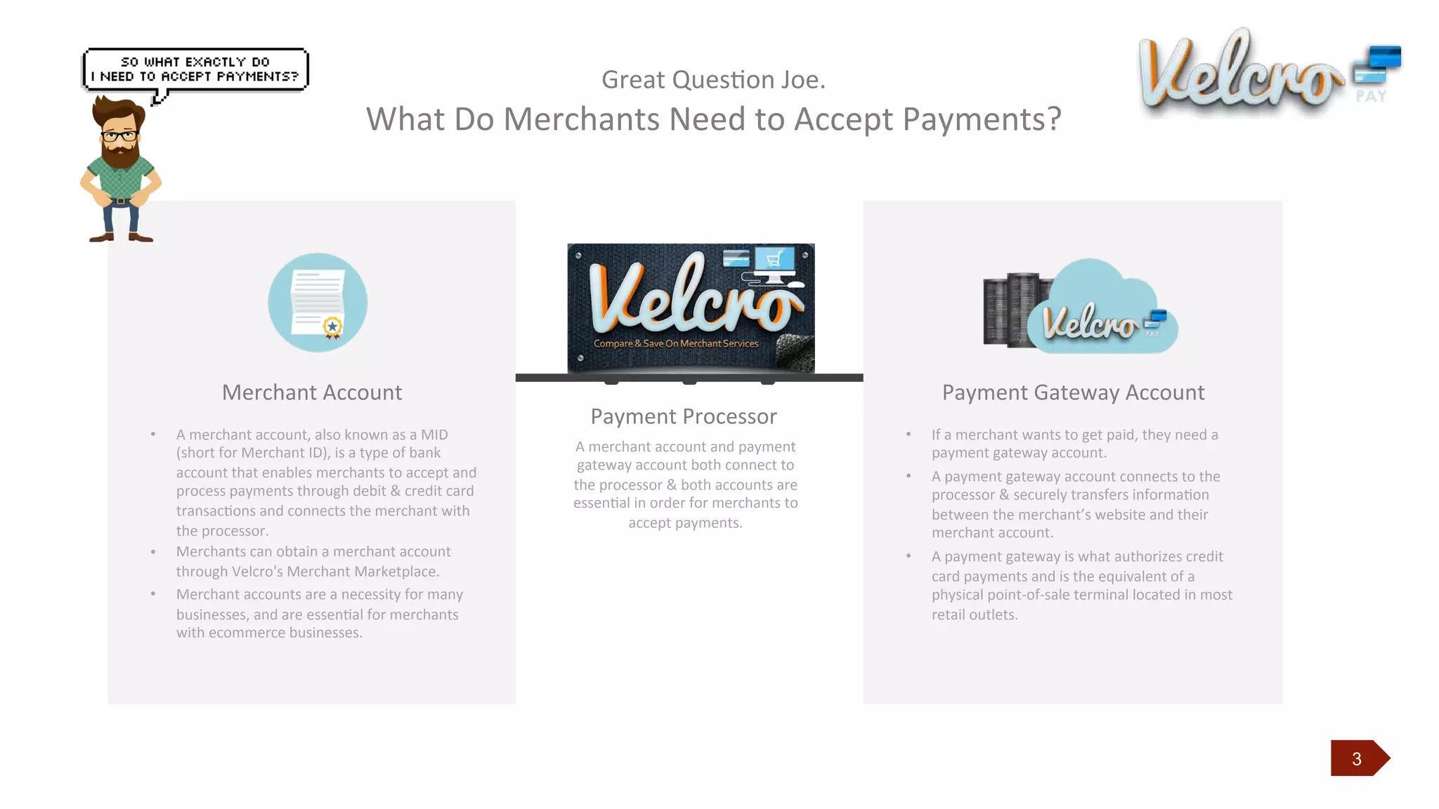 3
Great	
  QuesJon	
  Joe.	
  	
  
What	
  Do	
  Merchants	
  Need	
  to	
  Accept	
  Payments?
Merchant	
  Account
	
  • A	
  merchant	
  account,	
  also	
  known	
  as	
  a	
  MID	
  
(short	
  for	
  Merchant	
  ID),	
  is	
  a	
  type	
  of	
  bank	
  
account	
  that	
  enables	
  merchants	
  to	
  accept	
  and
process	
  payments	
  through	
  debit	
  &	
  credit	
  card	
  
transacJons	
  and	
  connects	
  the	
  merchant	
  with	
  
the	
  processor.	
  
• Merchants	
  can	
  obtain	
  a	
  merchant	
  account	
  
through	
  Velcro's Merchant Marketplace.	
  
• Merchant	
  accounts	
  are	
  a	
  necessity	
  for	
  many	
  
businesses,	
  and	
  are	
  essenJal	
  for	
  merchants	
  
with	
  ecommerce	
  businesses.	
  	
  
Payment	
  Gateway	
  Account
	
  • If	
  a	
  merchant	
  wants	
  to	
  get	
  paid,	
  they	
  need	
  a	
  
payment	
  gateway	
  account.	
  
• A	
  payment	
  gateway	
  account	
  connects	
  to	
  the	
  
processor	
  &	
  securely	
  transfers	
  informaJon	
  
between	
  the	
  merchant’s	
  website	
  and	
  their	
  
merchant	
  account.	
  
• A	
  payment	
  gateway	
  is	
  what	
  authorizes	
  credit	
  
card	
  payments	
  and	
  is	
  the	
  equivalent	
  of	
  a	
  
physical	
  point-­‐of-­‐sale	
  terminal	
  located	
  in	
  most	
  
retail	
  outlets.	
  
Payment	
  Processor	
  
	
  A	
  merchant	
  account	
  and	
  payment	
  
gateway	
  account	
  both	
  connect	
  to	
  
the	
  processor	
  &	
  both	
  accounts	
  are	
  
essenJal	
  in	
  order	
  for	
  merchants	
  to
accept	
  payments.	
  	
  
 