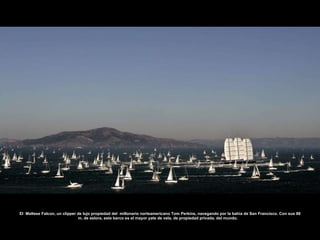 El  Maltese Falcon, un clipper de lujo propiedad del  millonario norteamericano Tom Perkins, navegando por la bahía de San Francisco. Con sus 88 m. de eslora, este barco es el mayor yate de vela, de propiedad privada, del mundo.  