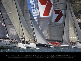 Yachts bustle for a good line at the start of the Big Boat Challenge in Sydney, Australia, Tuesday, Dec. 16, 2008. The Big Boat Challenge was a warm up race and a chance for the Maxi Yachts to test their boats ahead of the Sydney To Hobart Yacht Race. (AP Photo/Rob Griffith) 
