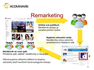 Remarketing
CO TO JE
8
1
Určíme své publikum
Návštěvník eshopu je
označen pomocí cookie
Najdeme relevantní weby
Návštěvníky znovu oslovíme
prostřednictvím Reklamní sítě 2
3
Návštěvník se vrací zpět
Přivádíme zpět „zběhlé“ návštěvníky a nakupující
Diferencujeme reklamní sdělení na skupiny
uživatelů, kteří navštívili různé kategorie eshopu
 