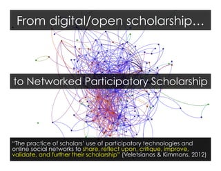 From digital/open scholarship…

to Networked Participatory Scholarship

“The practice of scholars’ use of participatory technologies and
online social networks to share, reflect upon, critique, improve,
validate, and further their scholarship” (Veletsianos & Kimmons, 2012)

 