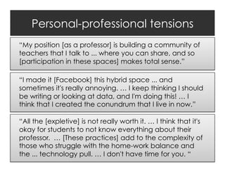 Personal-professional tensions
“My position [as a professor] is building a community of
teachers that I talk to ... where you can share, and so
[participation in these spaces] makes total sense.”
“I made it [Facebook] this hybrid space ... and
sometimes it's really annoying. … I keep thinking I should
be writing or looking at data, and I'm doing this! … I
think that I created the conundrum that I live in now.”
“All the [expletive] is not really worth it. … I think that it's
okay for students to not know everything about their
professor. … [These practices] add to the complexity of
those who struggle with the home-work balance and
the ... technology pull. … I don't have time for you. “

 