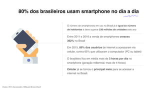 W E T A K E
Y O U T H E R E
Fontes: FGV, Euromonitor, Millward Brown Brasil
80% dos brasileiros usam smartphone no dia a dia
O número de smartphones em uso no Brasil já é igual ao número
de habitantes e deve superar 236 milhões de unidades este ano
Em 2015, 89% dos usuários de internet a acessaram via
celular, contra 65% que utilizaram o computador (PC ou tablet)
Celular já se tornou o principal meio para se acessar a
internet no Brasil.
O brasileiro fica em média mais de 3 horas por dia no
smartphone (geração millennial, mais de 4 horas)
Entre 2011 e 2016 a venda de smartphones cresceu
362% no Brasil
 